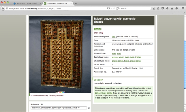 Screenshot of the digital online record of a Baluchi prayer rug (EA1998.101) bequeathed by May Beattie on the Ashmolean’s Eastern Art Online website.